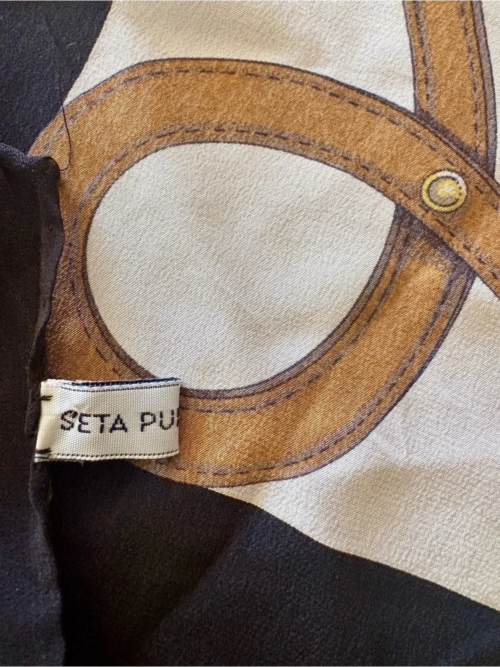 100% Silk scarf with equestrian motif, Mizar brand, featuring bridle and stirrup